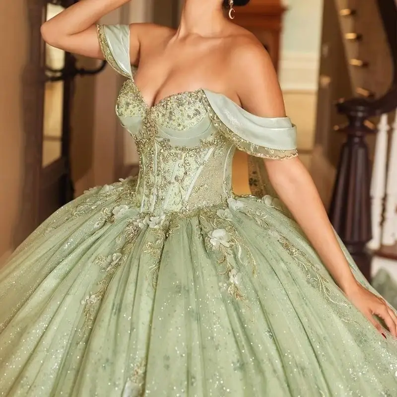 Sparkly Mint Green Princess Quinceanera Dresses Off Shoulder Ball Gown Appliques Lace Crystals Beads Tull With Cape Sweet 16 Dre