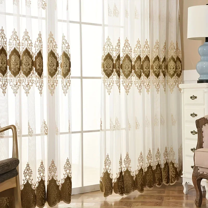 European and American Style Gold and European Flower Embroidered Gauze Curtain 1pc Golden White Gauze Curtain Breathable Curtain