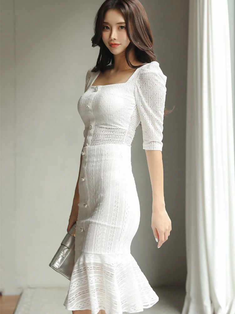 

Elegant Fashion Professional 2 Piece Outfits Women Sweet White Lace Crop Tops Shirt Blouse Ruffles Fishtail Skirt Set Femme Date