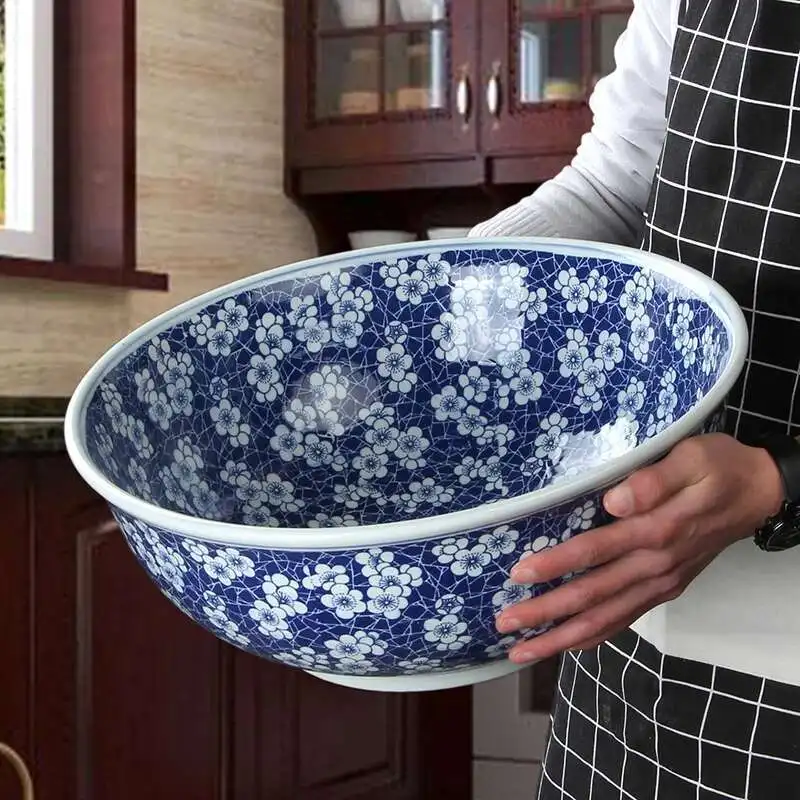 

Blue and White Porcelain Large Bowl Tableware Ceramic Ramen Seafood Fish Steak Salad Soup Bowl for Restaurants Hotel