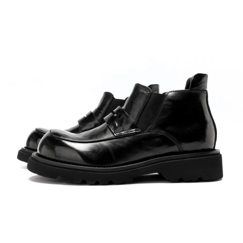 New Genuine Leather Boots for Men Thick Sole Hand Grained Calfskin Leather Casual Versatile Cap Men Boots
