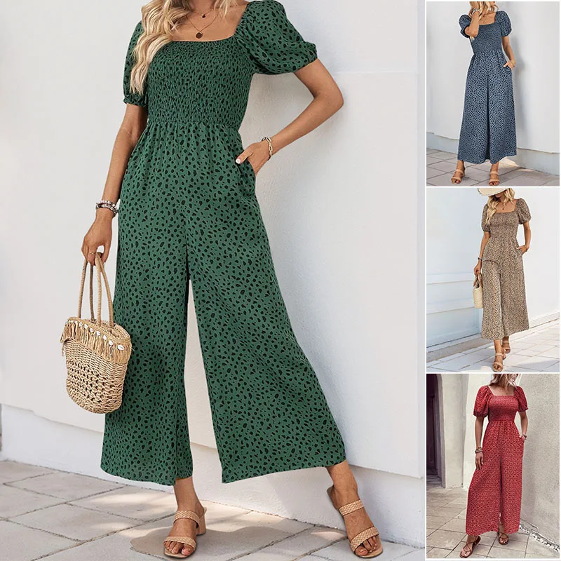 

New European and American square collar bubble sleeve wide-leg pants printed summer jumpsuit jumpsuit women