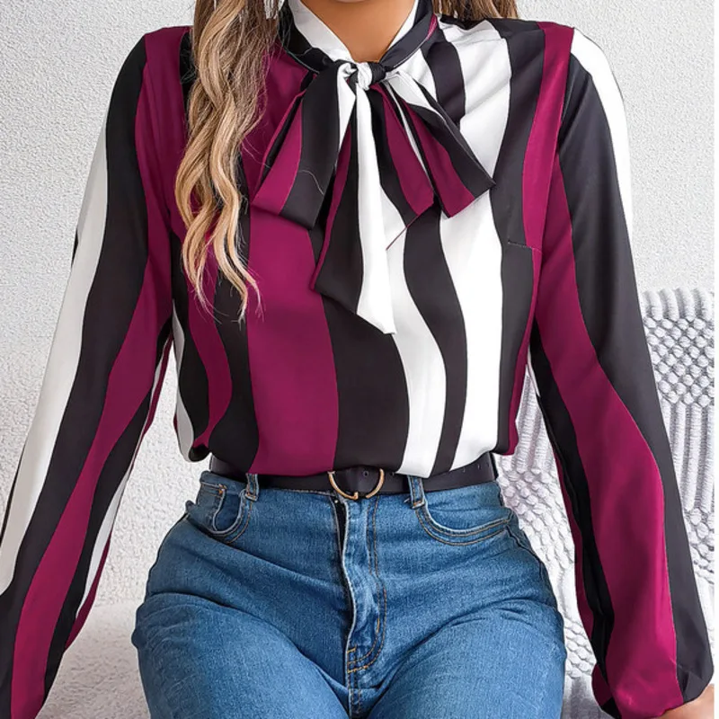 Spring Summer New Temperament Color Contrast Striped with Lantern Sleeve Chiffon Shirt on Street Casual Style Suit Shirt Blouse