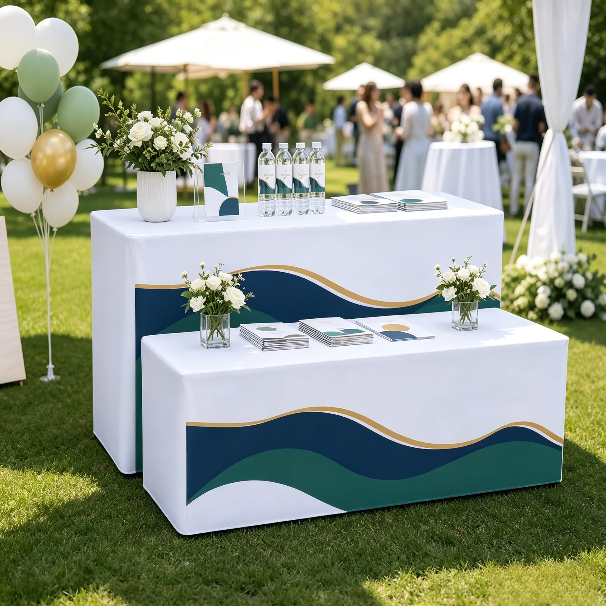 Custom Exhibition Tablecloth Personalized Logo Printed White Table Cover for Trade Show Booth Wedding Event Display Decor