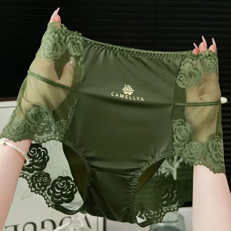 

2025 New Light Luxury Satin Explosive Lace Seamless Personality Underwear Ladies Big Size Fat Mm Thin Elastic Sexy Triangle