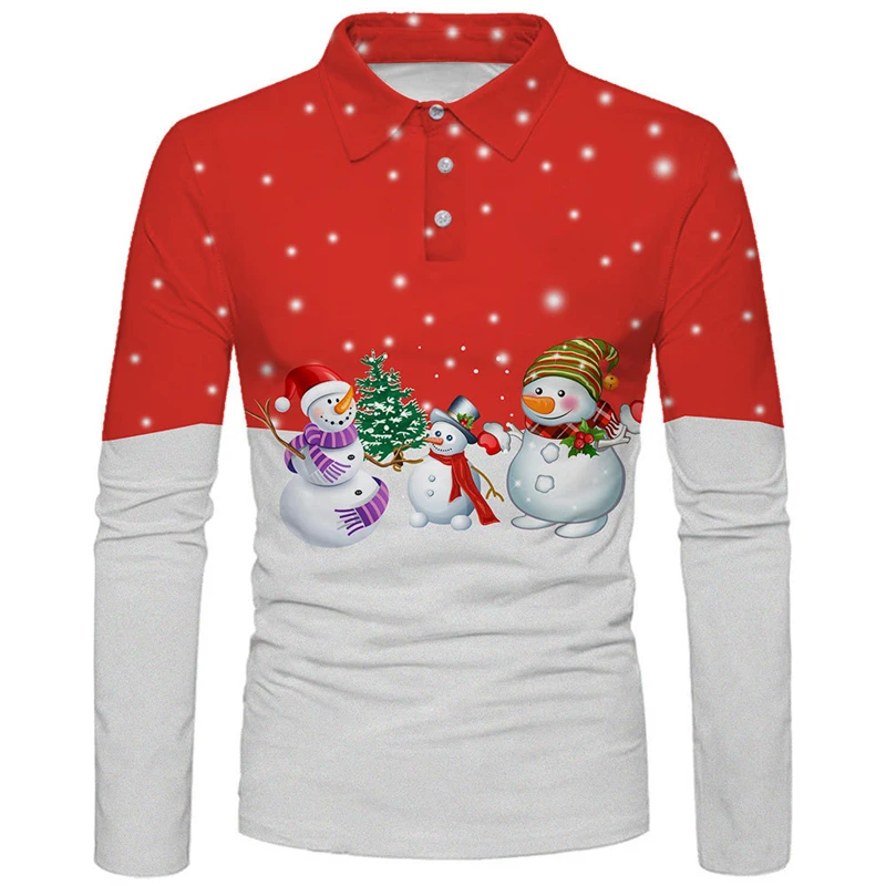 

2024 Christmas 3d Casual Long Sleeve Polo Shirt Man Festival Party Clothes Lapel Button Men Shirts Spring Fashion For Clothing