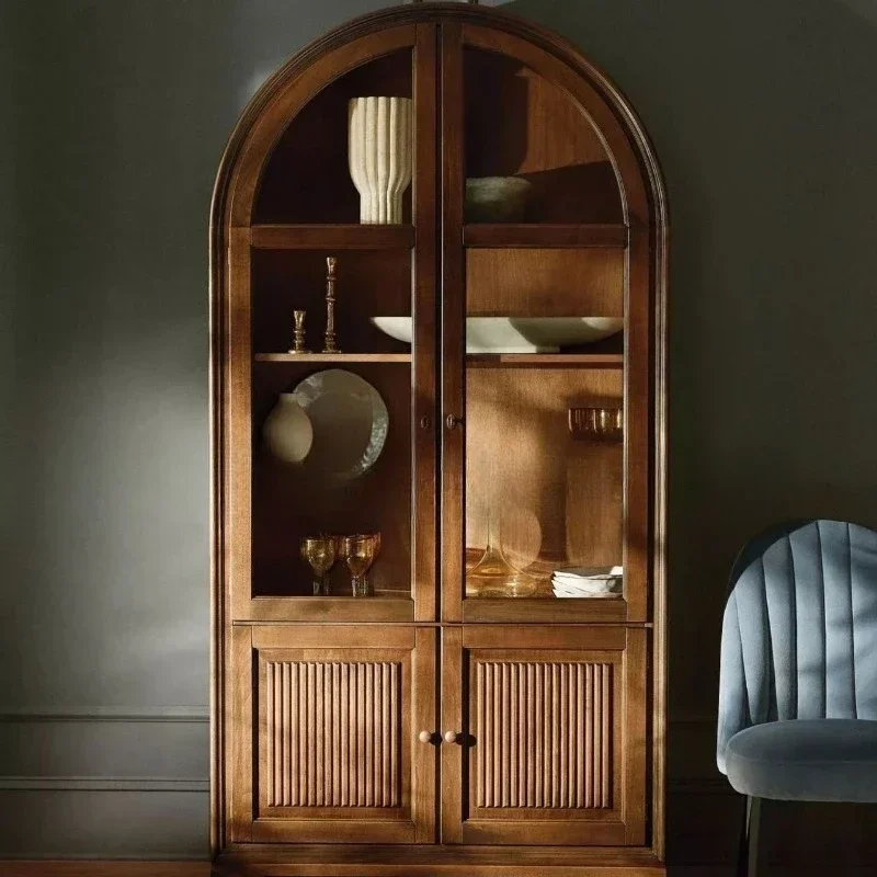 American solid wood French arched bookcase living room against the wall retro old storage wine cabinet