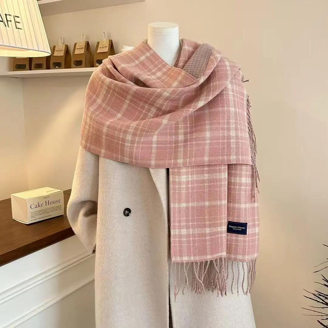 

Женский осенне-зимний двусторонний клетчатый шарф, мягкий утолщенный, сохраняющий тепло, длинный шарф с кисточками, офисная шаль, декоративная шаль