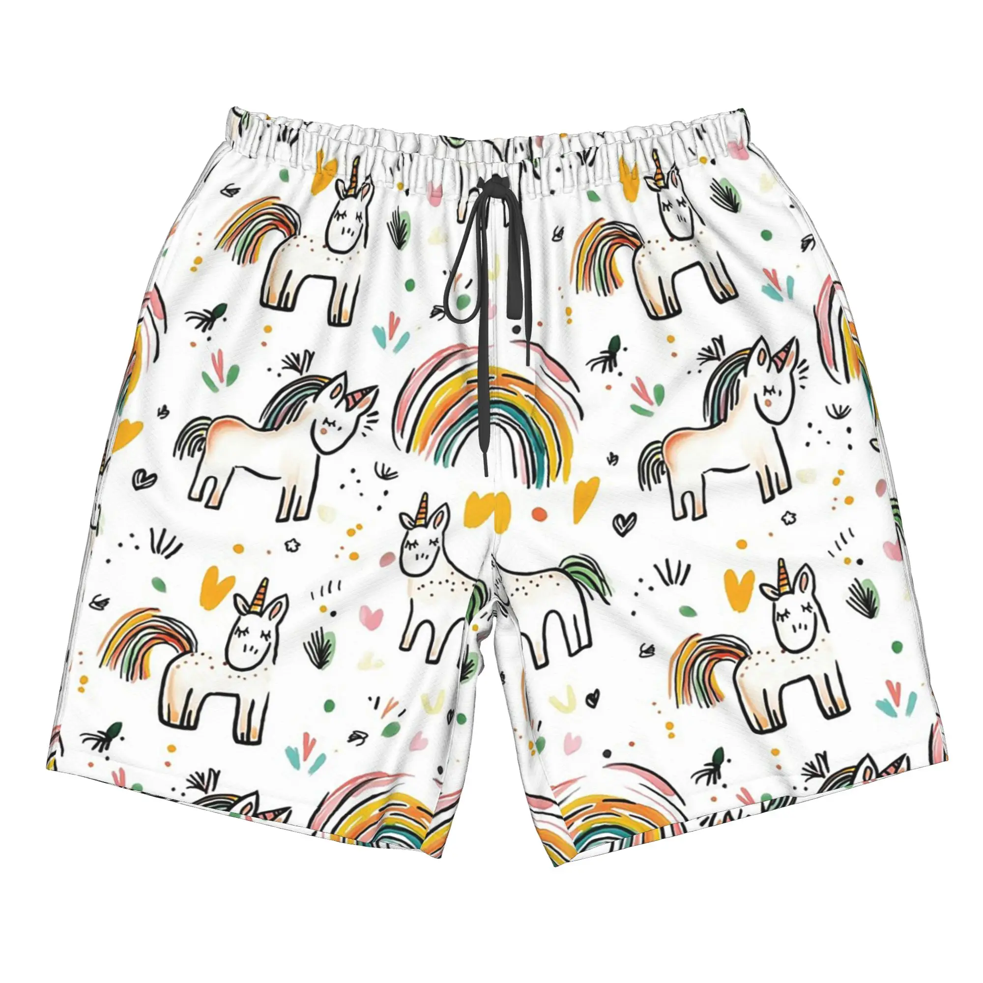 Adorable Unicorn And Rainbow Pattern Trunks Beach Board Shorts Casual Quick Dry Swimming Summer Men Pants