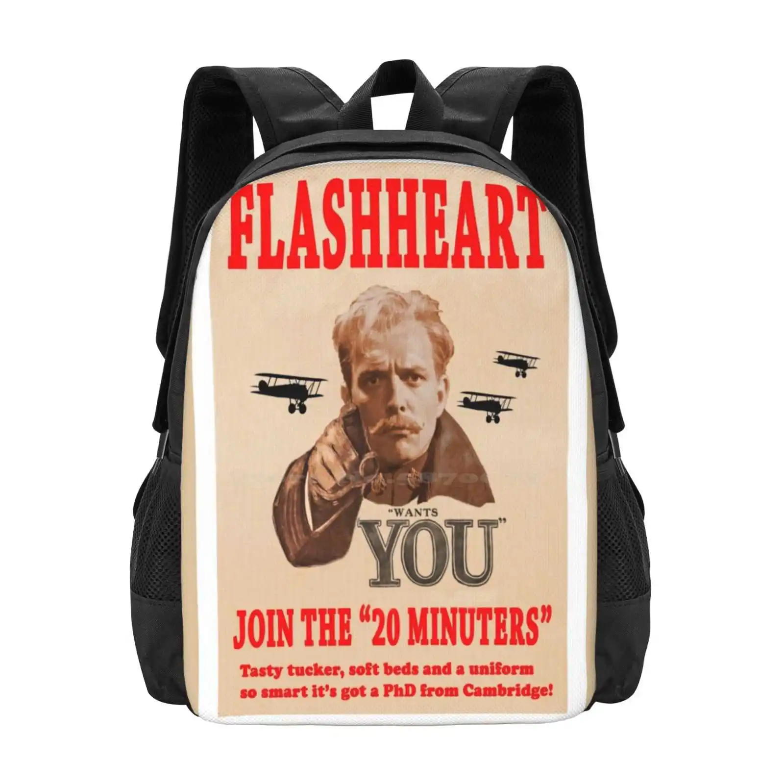 Flashheart Wants You Backpack For Student School Laptop Travel Bag Blackadder Flash Rik Mayall Tv Retro Army Funny