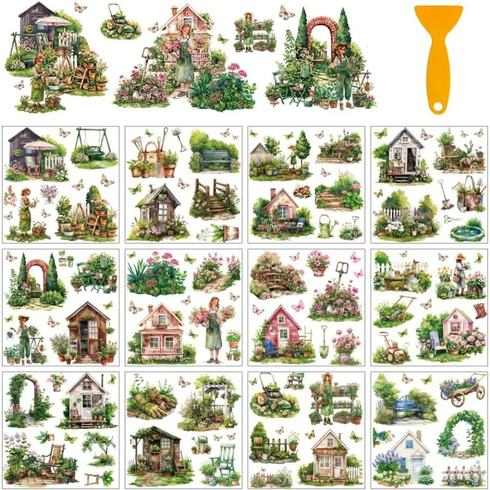 12-Blatt-Transferaufkleber zum Aufreiben, Vintage-Gartenthema mit kleinen Häusern, Gartenwerkzeugen und Schmetterlingen, ideal für Zuhause