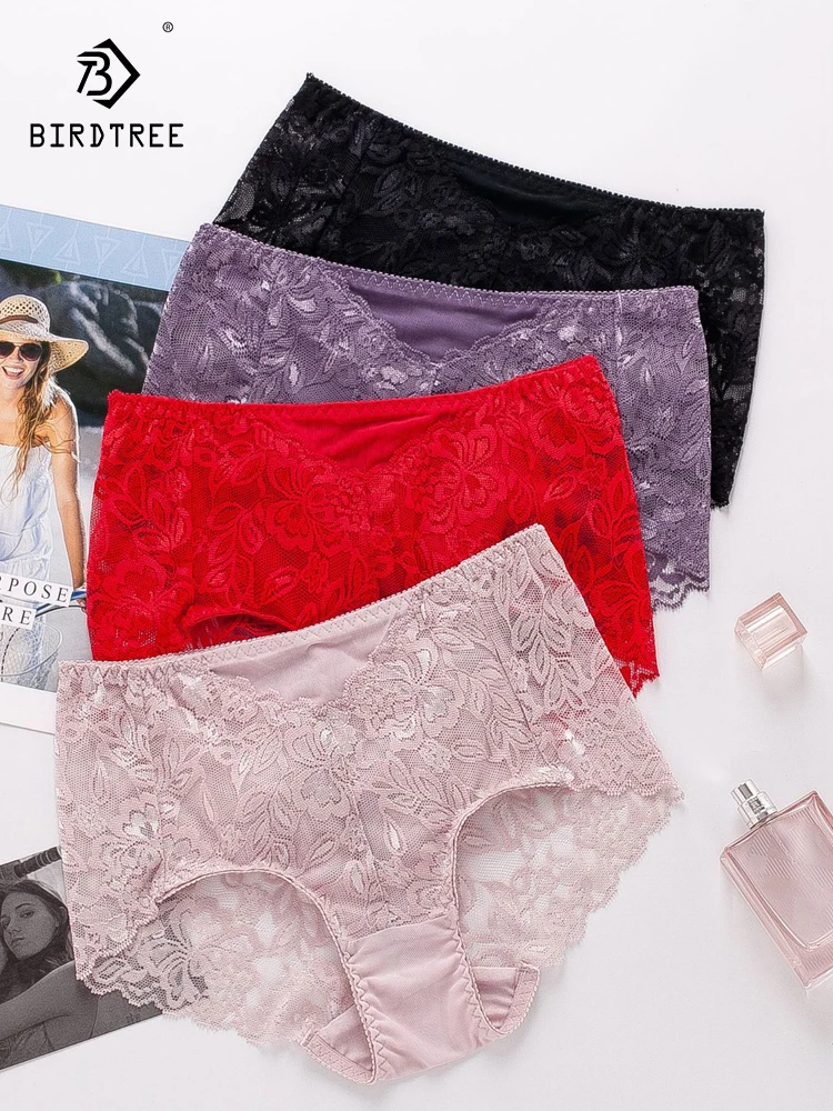 

Birdtree 1PC 100%Pure Mulberry Silk Briefs Women's Sexy Hollow Out Lace Sheer Panties Underwear Lingerie M L XL P36006QC