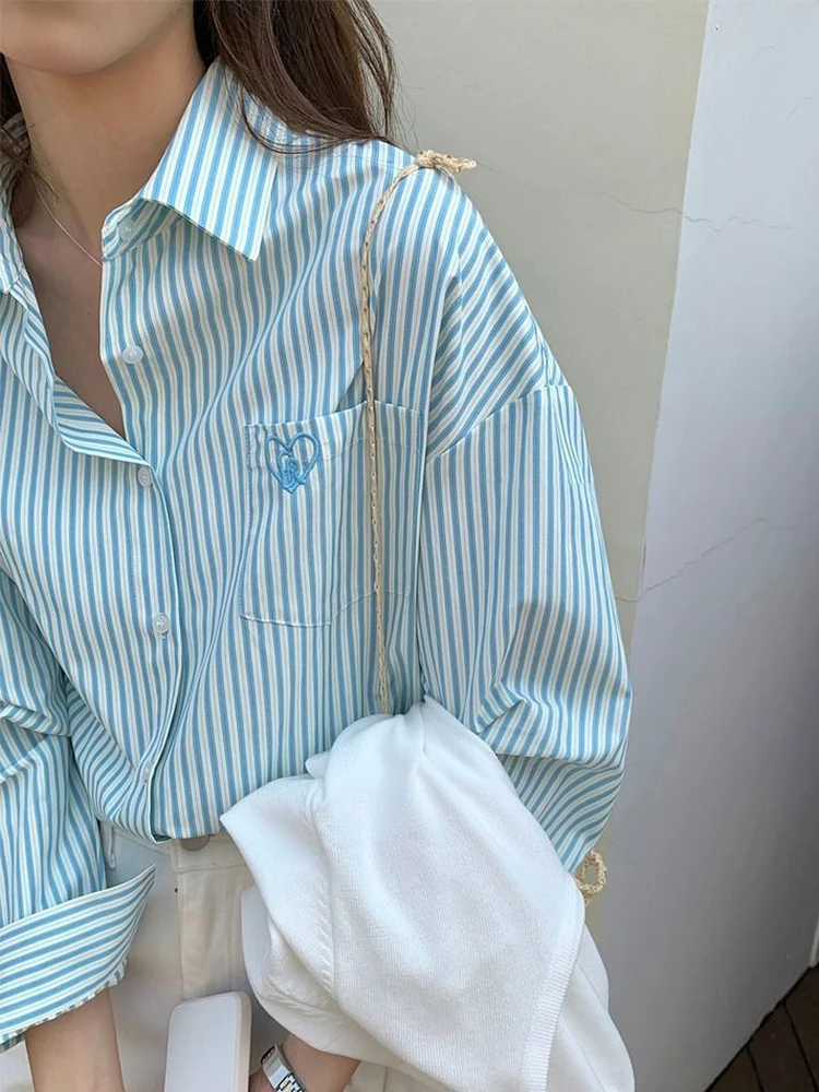 Sweet Pink Striped Shirt Women Summer Single Breasted Shirts Female Korean Fashion Chic Embroidery Casual Office Tops Ladies