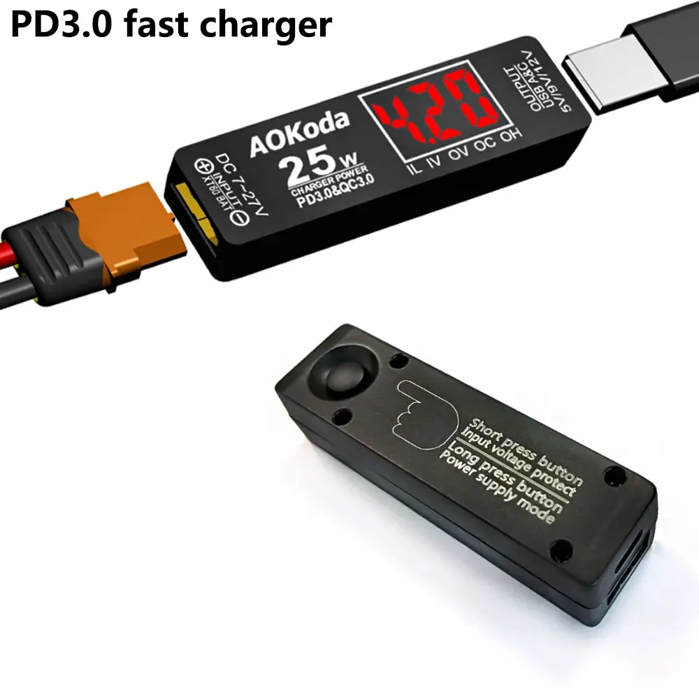 

Быстрое зарядное устройство AOKoda XT60 с USB PD3.0 и QC3.0 для LiPo аккумуляторов