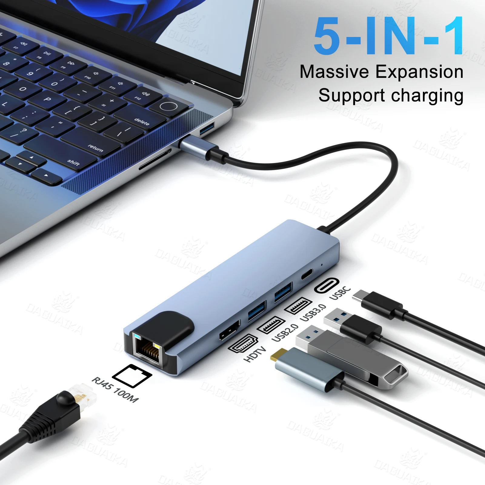 

5 in 1 USB C HUB 100M RJ45 Ethernet Adapter 4K Type C 3.1 to USB 3.0 USB2.0 PD 100W for MacBook Huawei Sumsang