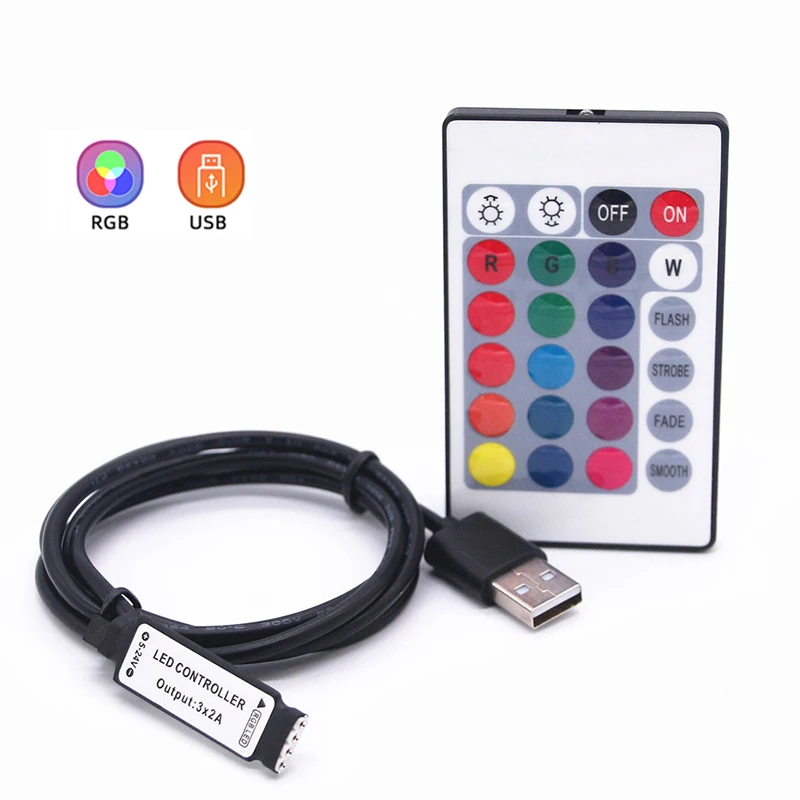 Kontroler RGB 5V 4-pinowy kontroler USB RGB Led 5V RGB Led Tape Lights 24Key Ściemnialny pilot Smart Controller Led Strip Lights