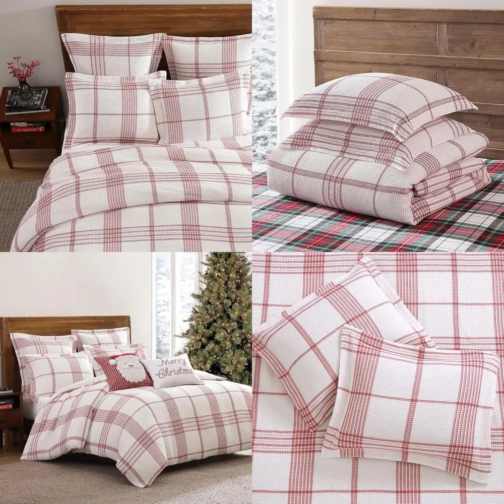 Juego de funda nórdica de algodón tipo gofre a cuadros de menta pimiento King Size con 2 fundas de almohada, rojo y crema