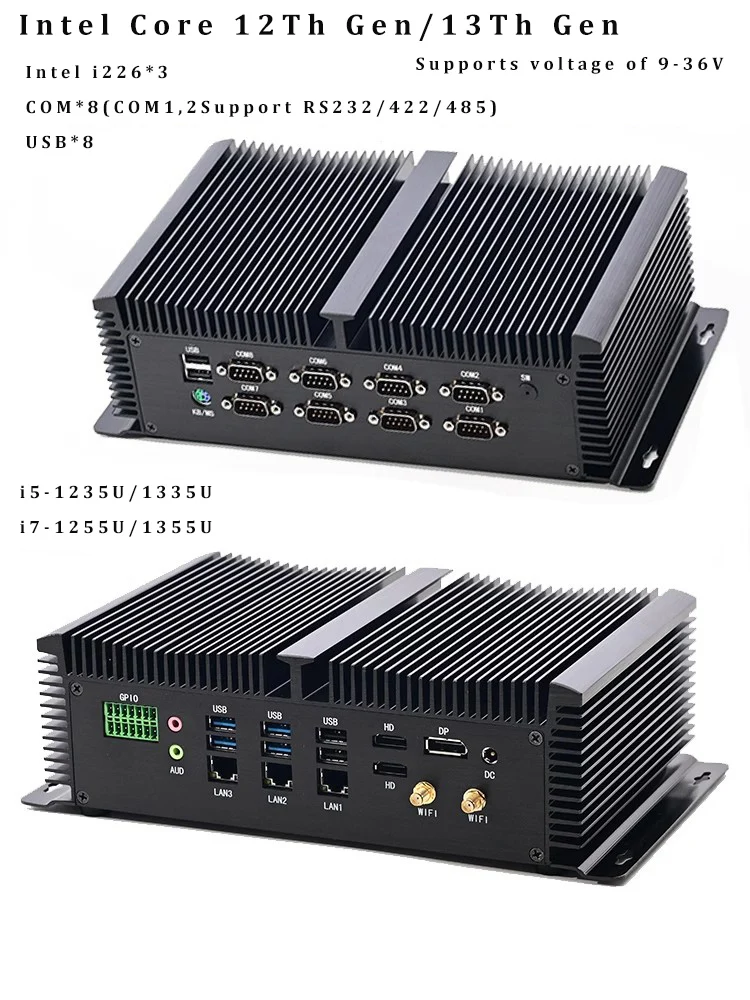 13Th Gen Industrial Computer i5-1335U/i7-1355U 8 COM 3 * LAN 2 * HDMI 1 * DP RS232,422,485 COM USB WIFI industrial PC