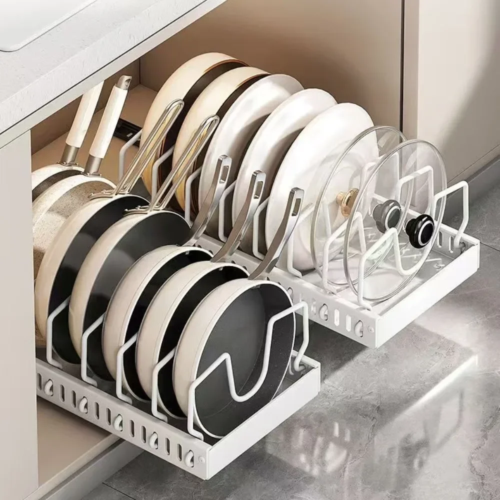 Kitchen Cabinet Pull Out Tray Organizer Adjustable Dish Rack with Slide Rails for Pots and Pans Storage