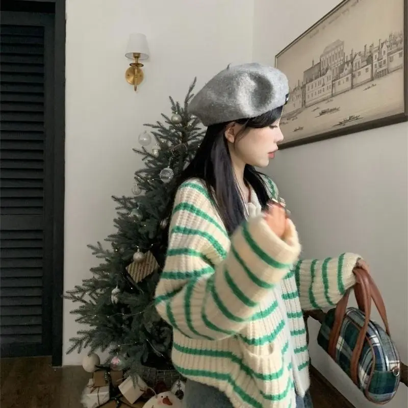 French Style Retro Casual Zipper High Quality Exquisite Striped Sweater Autumn/winter New Fashion Loose Comfortable Women's Top