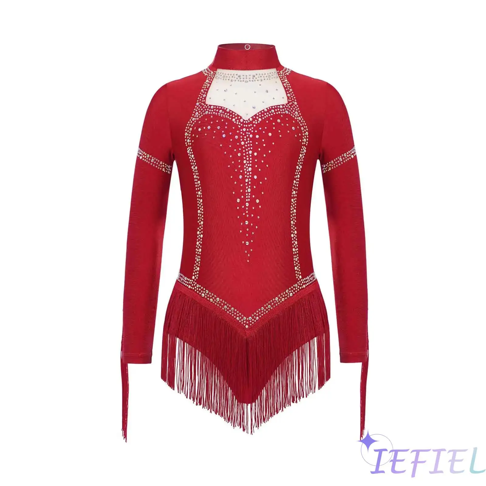

Kids Girls Fringe Latin Dance Costume Mock Neck Long Sleeve Keyhole Back Shiny Rhinestones Tassels Gymnastics Leotard Dancewear
