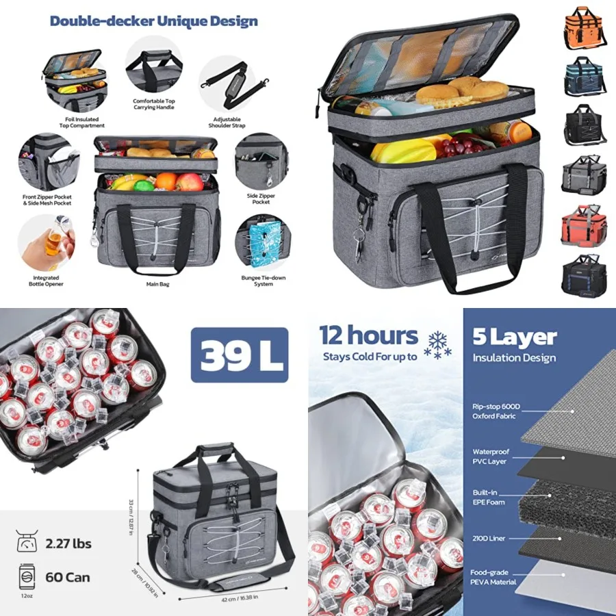 

Portable Collapsible Soft Cooler Bag // s Double-Deck Leakproof Ice Chest for Beach, Camping and Grocery