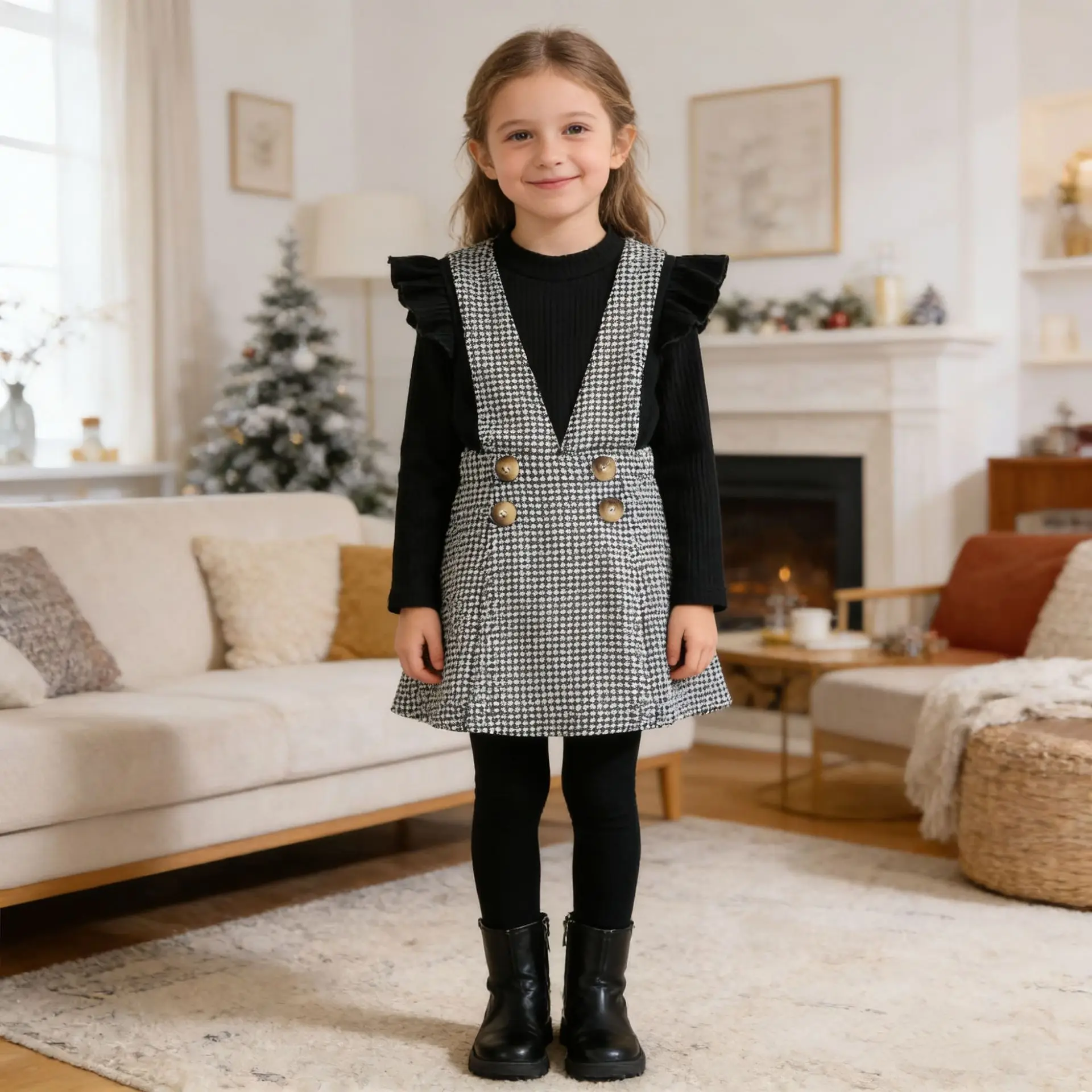 American Preppy Style Two Piece Outfit for Girls Autumn Winter Long Sleeve Inner Top Easy Daily Collocation Fit School Outing