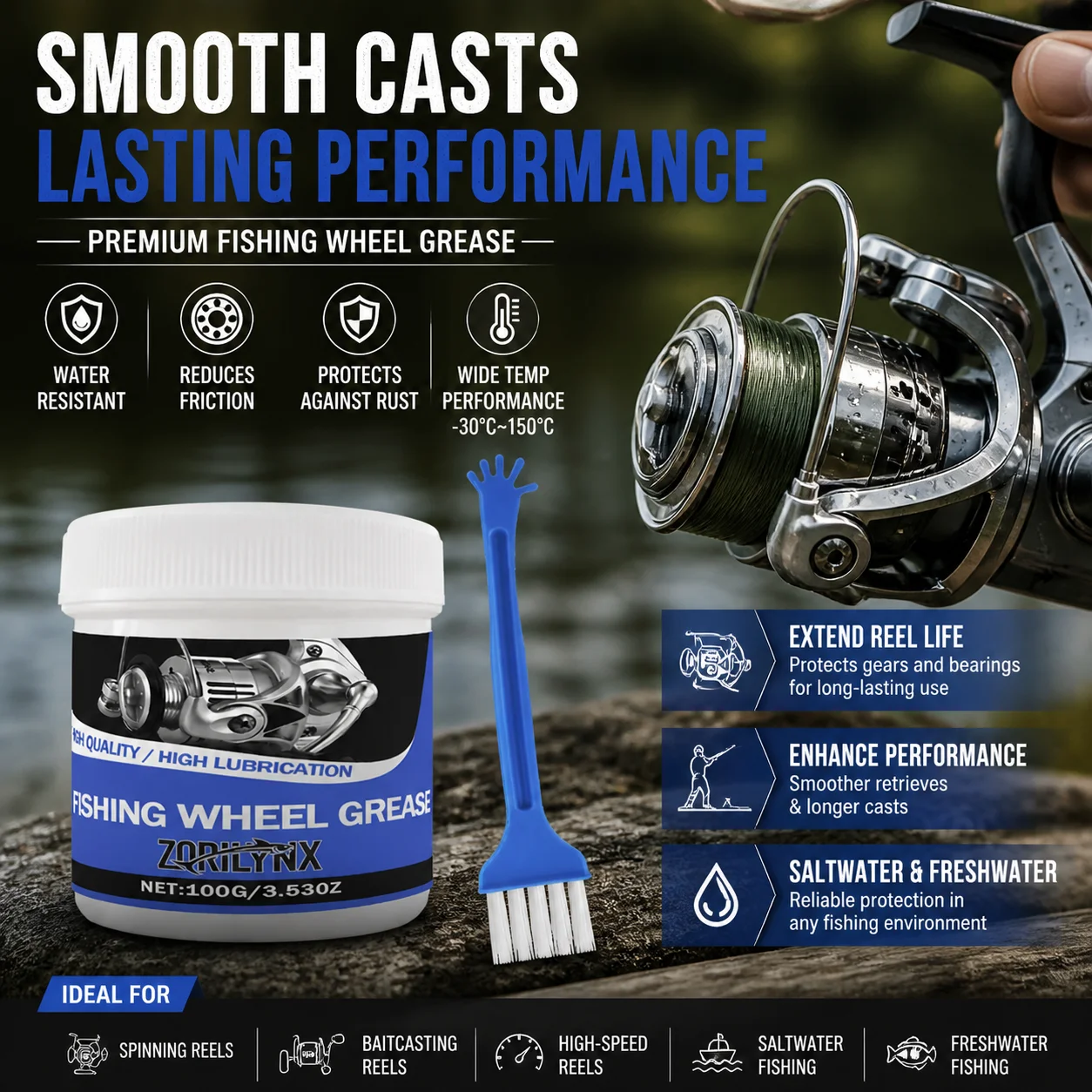Professional Fishing Reel Grease for Spinning Baitcasting Reels Gear Bearing Lubricant Waterproof Anti-Rust ZORILYNX 100g Brush