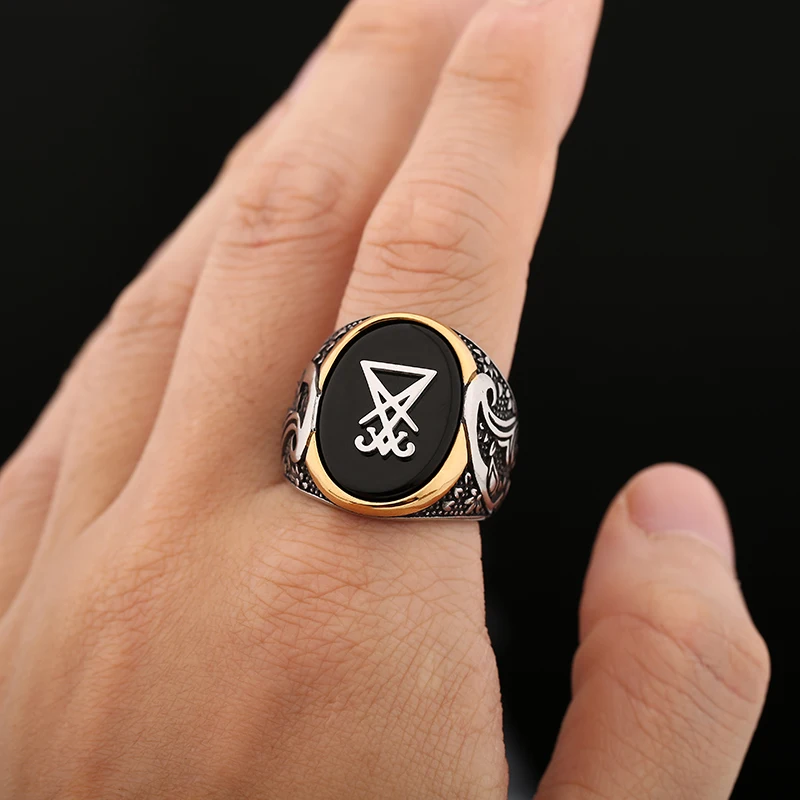 Dropshipping Vintage Sigil Lucifer Rock Ring 316L Stainless Steel Seal of Satan Stone Rings for Men Male Punk Rock Jewelry
