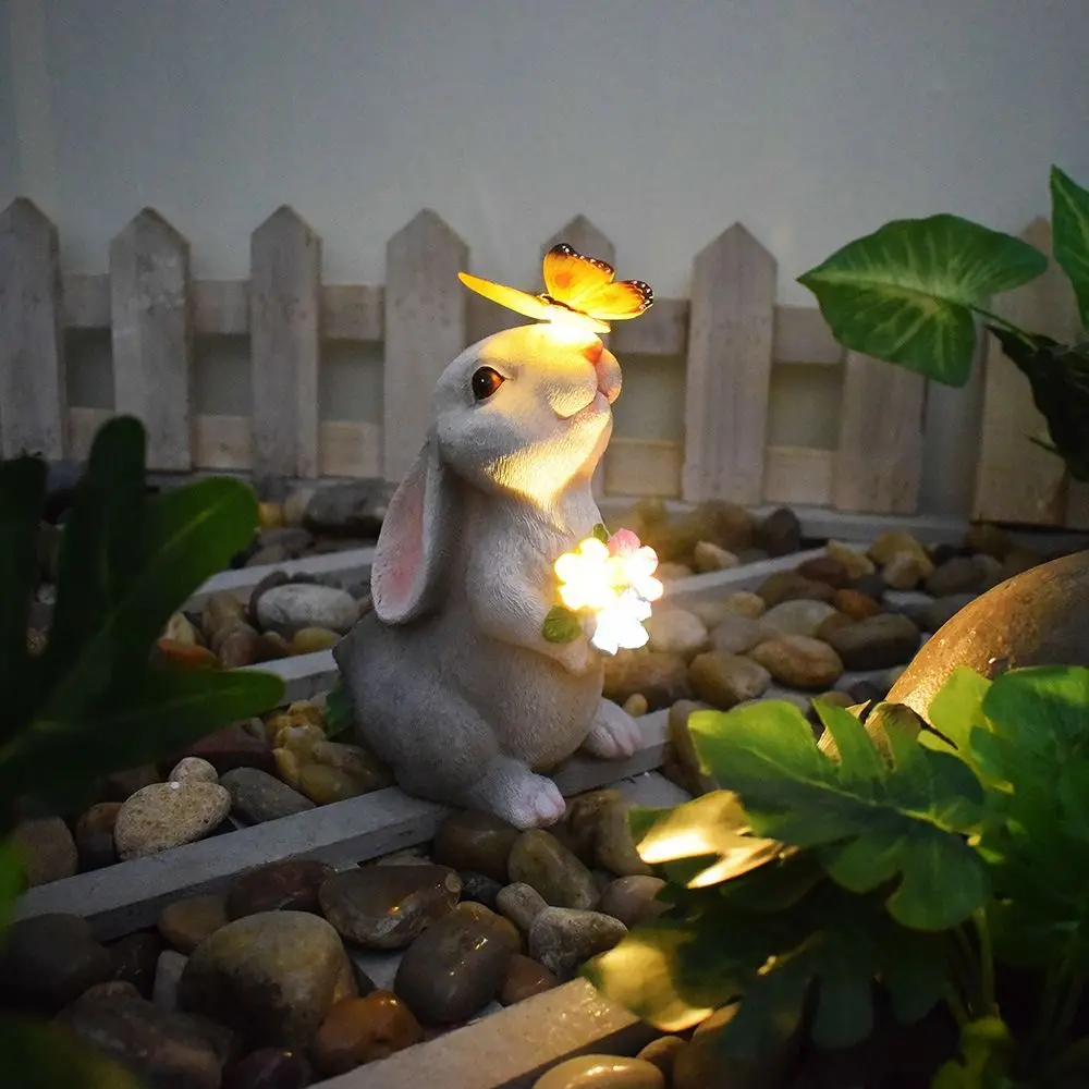 

Cute Solar Bunny Statue Resin Crafts Garden Decor with Butterfly LED Light Outdoor Decoration for Garden Courtyard