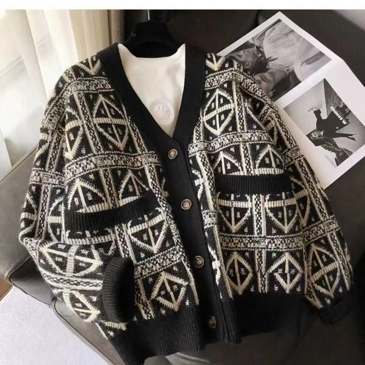 

​​Nordic Geometric Pattern Cardigan​​ Women's Oversized V-Neck Knit Coat Wooden Buttons Bohemian Loose Fit Long Slee