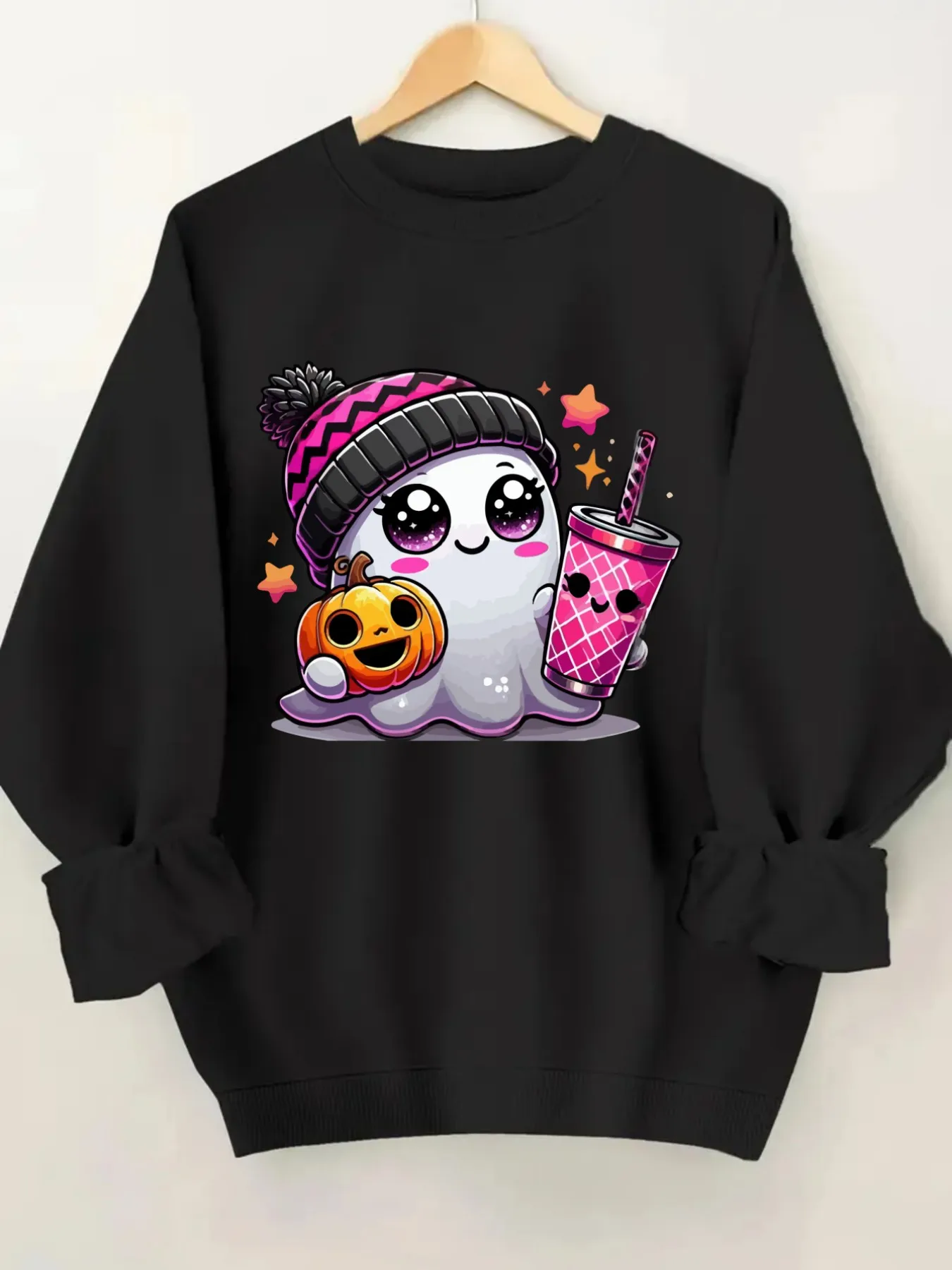 Women's Crew Neck Pullover Sweatshirt Cute Ghost Pattern Design, Soft Casual Long Sleeve, Daily Casual Top Outfit, Winter Women's Clothing, Halloween Costume Outfit