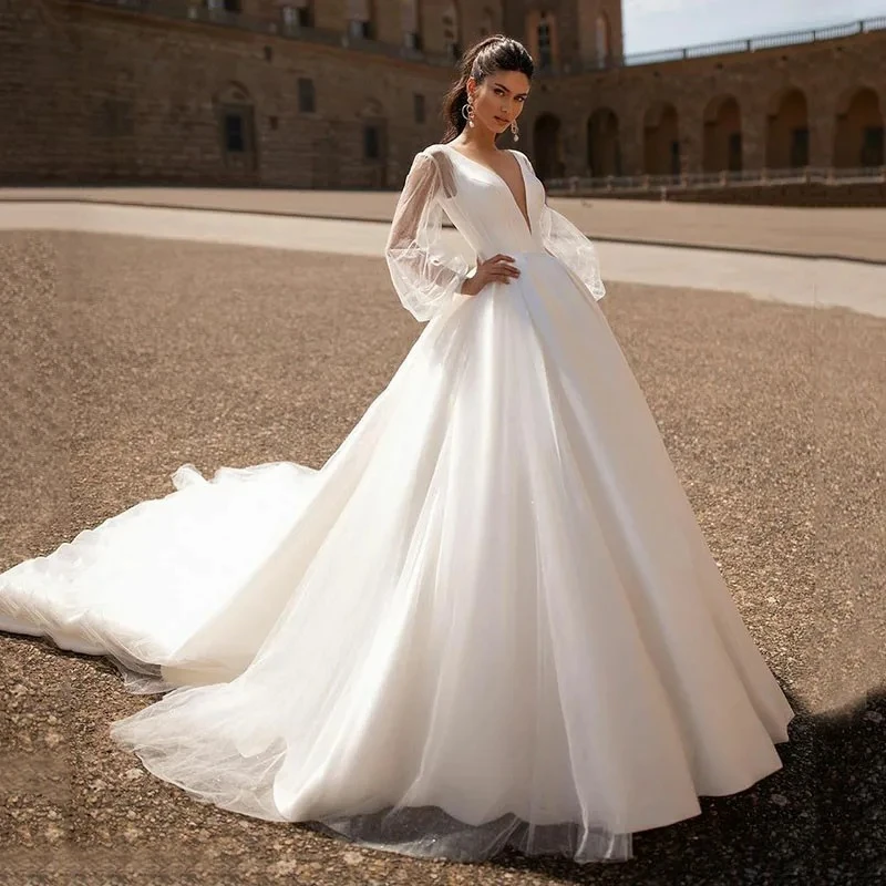 Customizable Boho Simple Sexy Deep V Neck Illusion Puff Sheer Sleeves Court Train Floor Length Bridal Wedding Dress