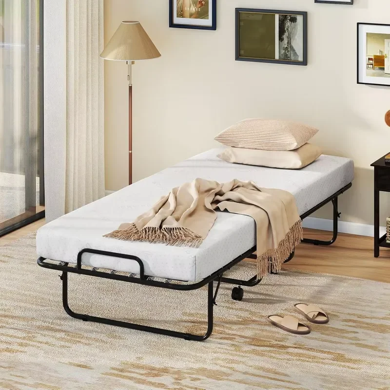 Office Apartment Rollaway Guest Bed Heavy Metal Frame Lockable Wheels Space Saving Portable Folding Bed with Mattress