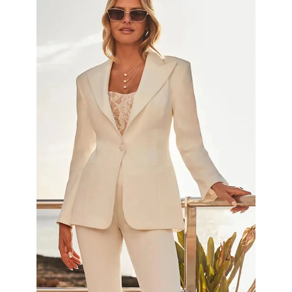 Costumes blancs élégants pour femmes, veste et pantalon deux pièces, vêtements féminins, ensembles de blazers pour fête de mariage et bureau