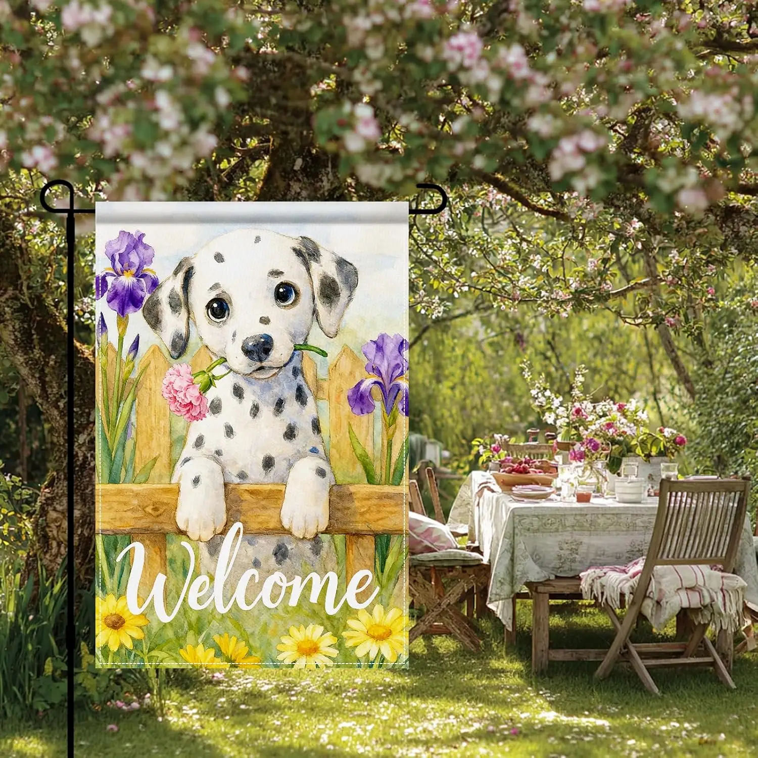 Spring Welcome Dalmatian Garden Flag 12x18 Inch Double Sided Puppy Flower Burlap Garden Flag Rustic Farmhouse Yard Outdoor S ZZM