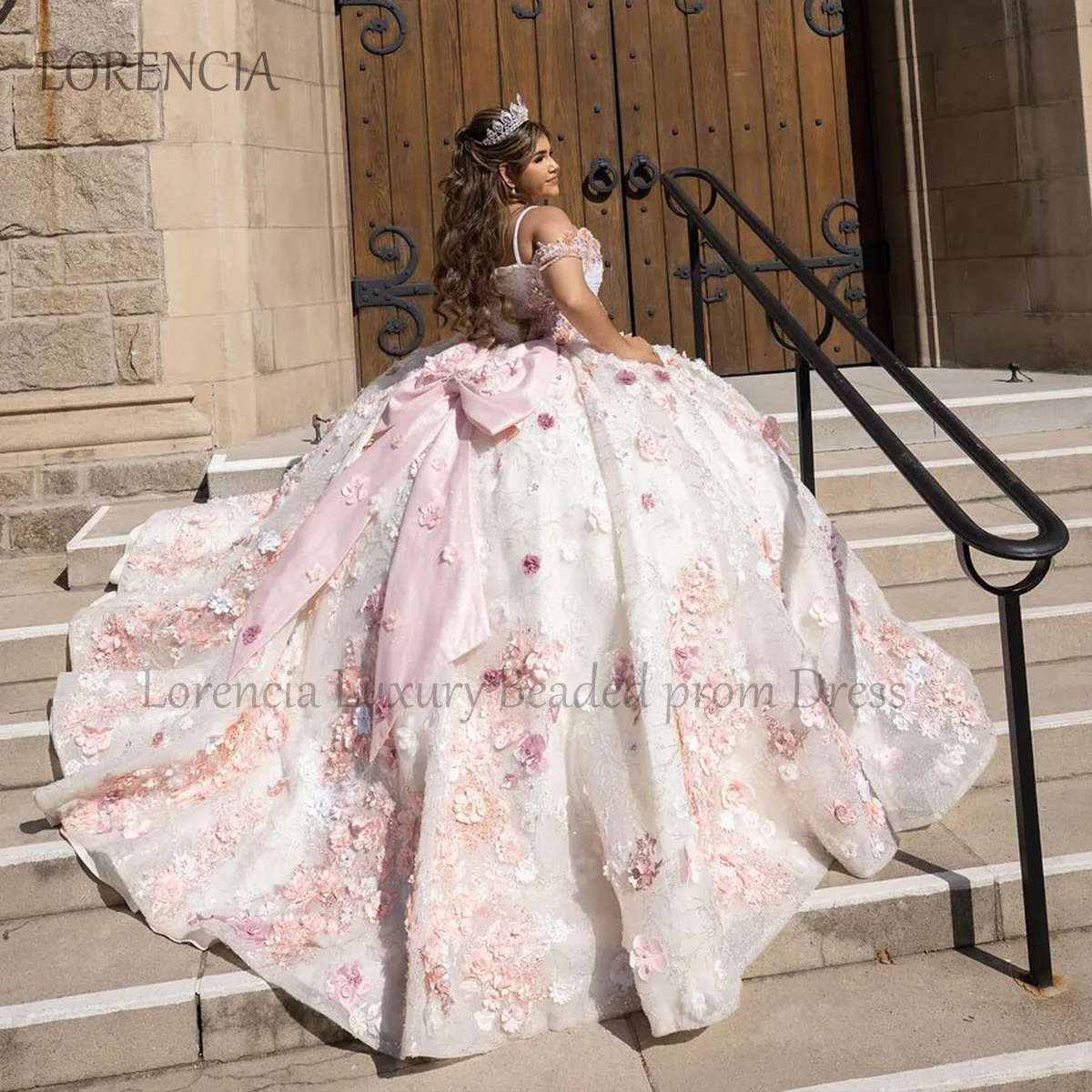 Vestido Quinceanera longo rosa com apliques, Sweet 16, 15 vestidos de baile, princesa, flores 3D, sem mangas, XV Anos, 2024