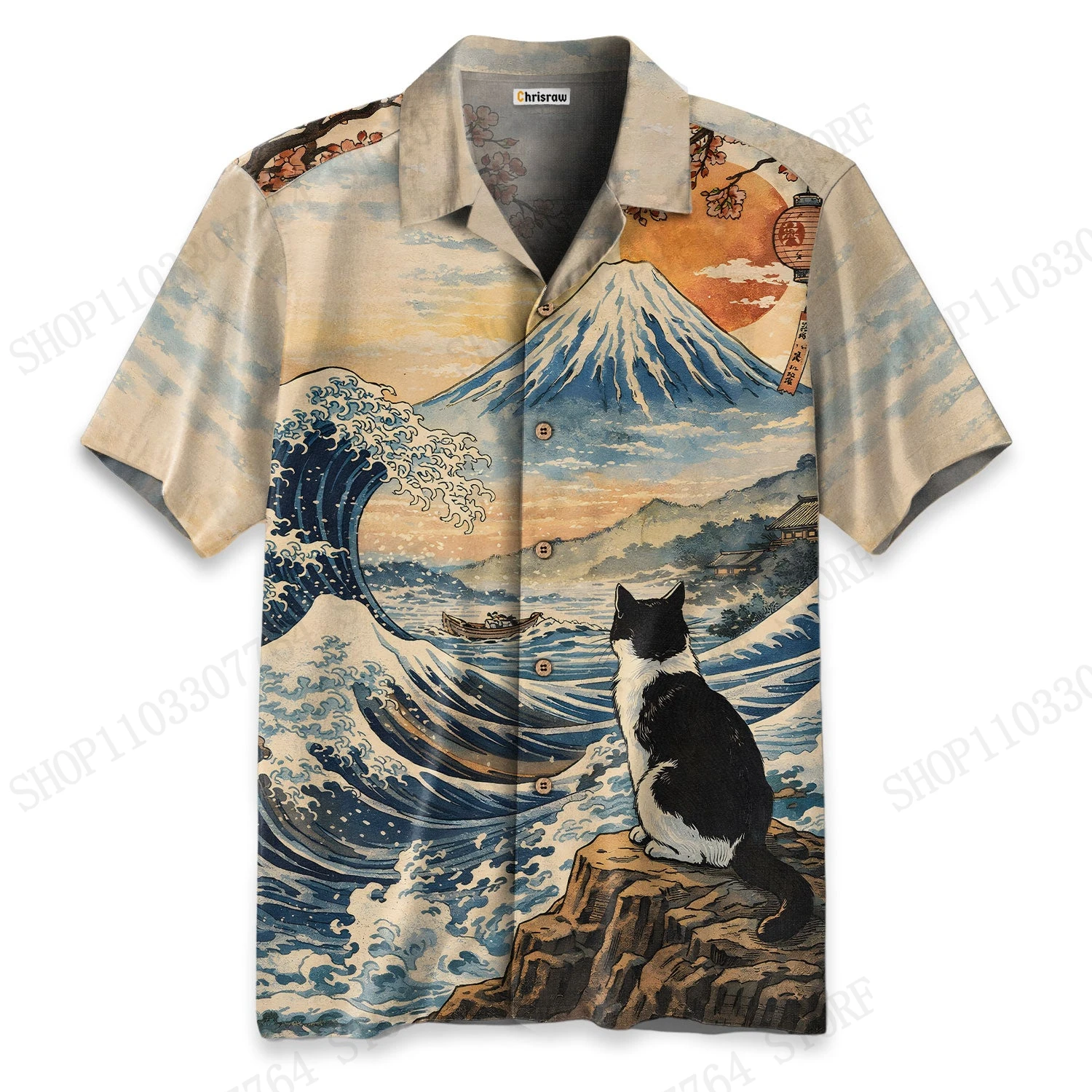 Scenery Japanese Cat Wave 3D Print Hawaiian Shirts Men Women Fashion Button Up Short Sleeve Beach Shirt Men Blouse Animal Camisa