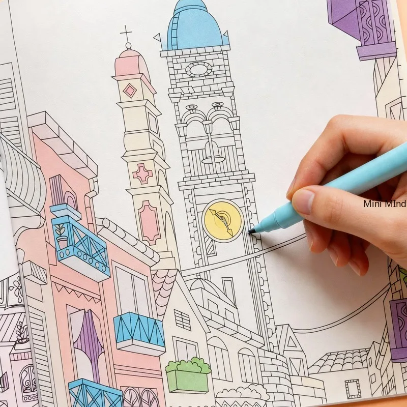 One Adult Decompression Coloring Book, 24 Different Architectural/landscape Patterns, Hand Drawn Coloring Book, Pen Not Included