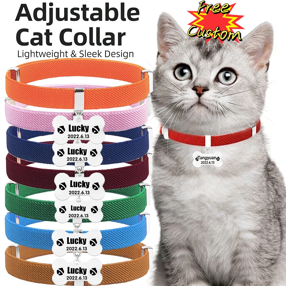 

Cute Personalized Customized Cat Collar Necklace Metal Pet ID Bone Name Tag Breakaway Adjustable GPS Tracker Kitten Dog Collars