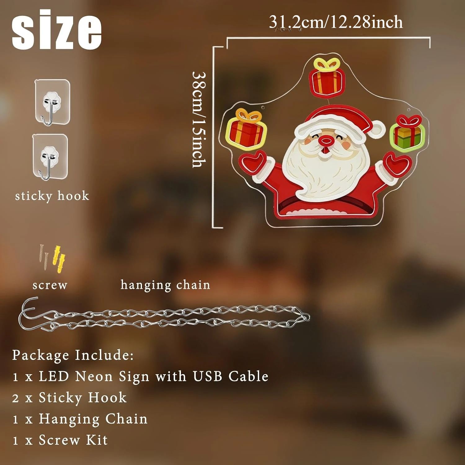 Waving Santa Claus Neon Sign USB Powered LED Neon Light Wall Hanging Light for Christmas Party Home Bedroom Window Decor Gift