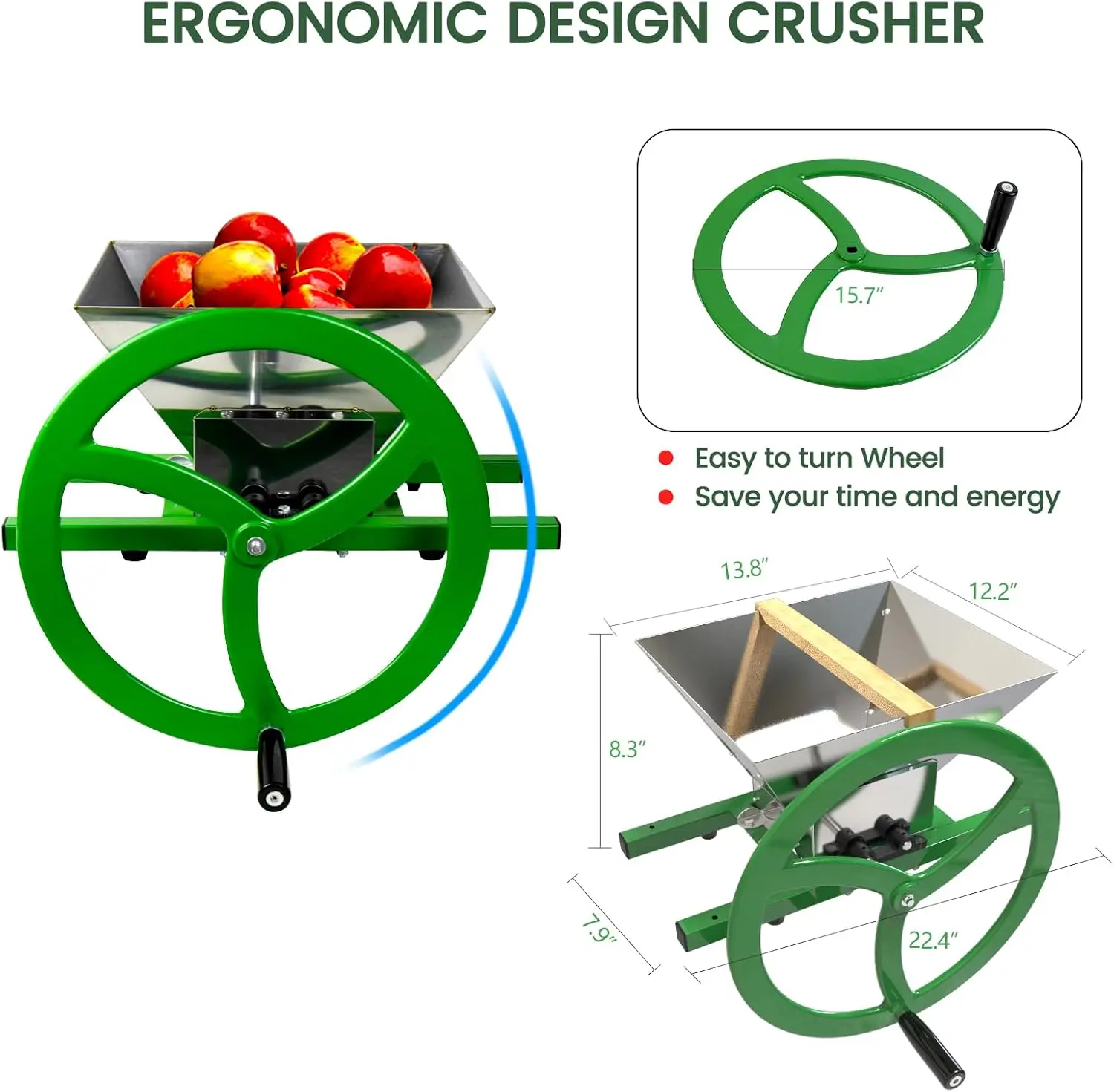 and Apple Crusher - 7L Stainless Steel Manual Juicer Grinder, Fruit Scratter Pulper for Wine and Cider Pressing