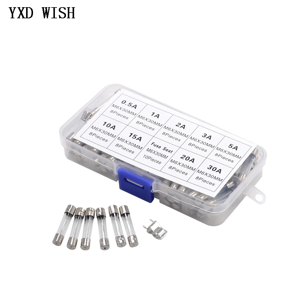 72pcs 6x30mm Fast-blow Glass Fuses Assorted Kit 250V 0.5A 1A 2A 3A 5A 10A 15A 20A 30A AMP Tube Fuses 6*30 Insurance Tube