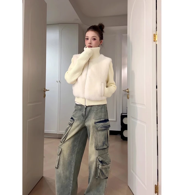 Outono inverno ort malha pele de esquilo jaet feminino quente outerwear branco retalhos design comute sle fibra de poliéster