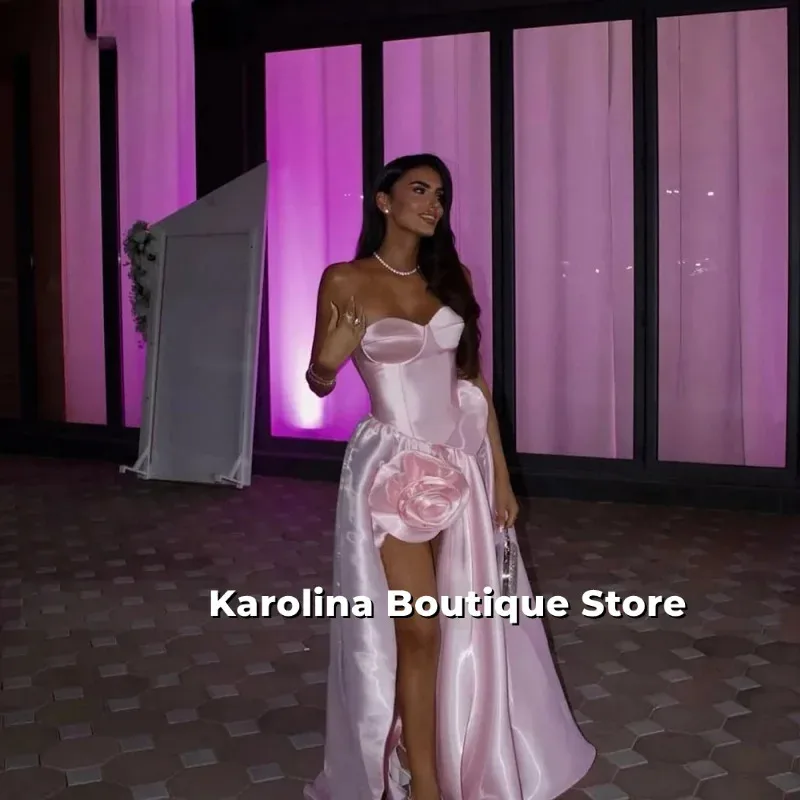 

Pink Satin Evening Dress Strapless A Line 3D Flowers Pleated Formal Occasion Dress Sauid Arabia Prom Gowns Customized