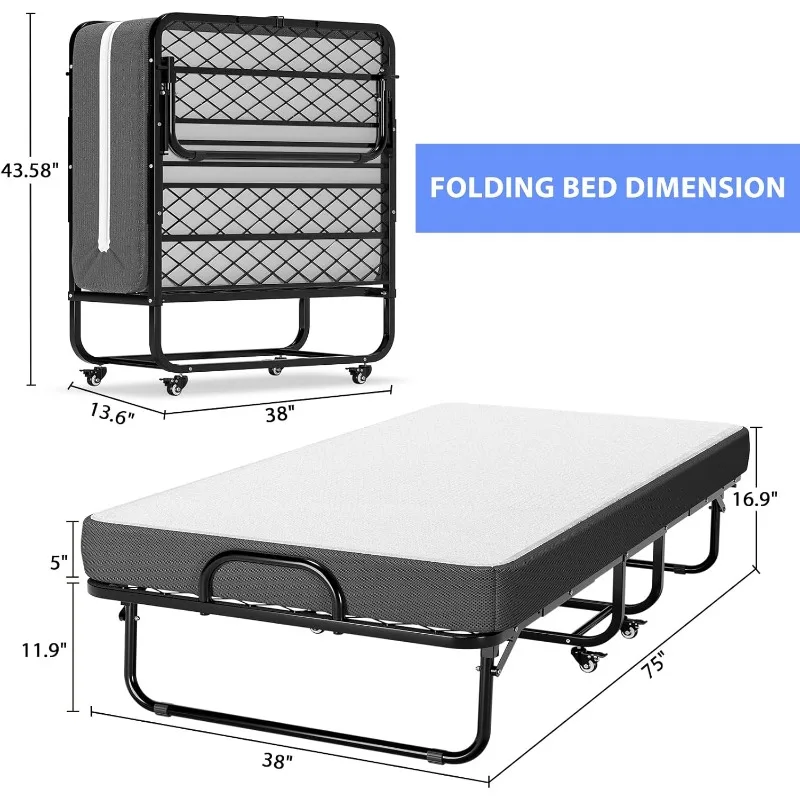 Folding Bed with Mattress Portable Foldable Guest Bed for Adults Rollaway Bed with Wheels for Easy Storage