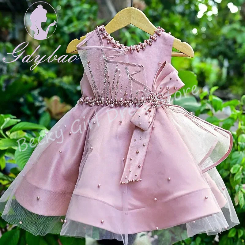 Элегантные платья с цветочным узором для девочек по индивидуальному заказу на свадьбу, блестящий тюль с жемчугом, плиссированный дизайн, платье для фотосессии для маленьких девочек