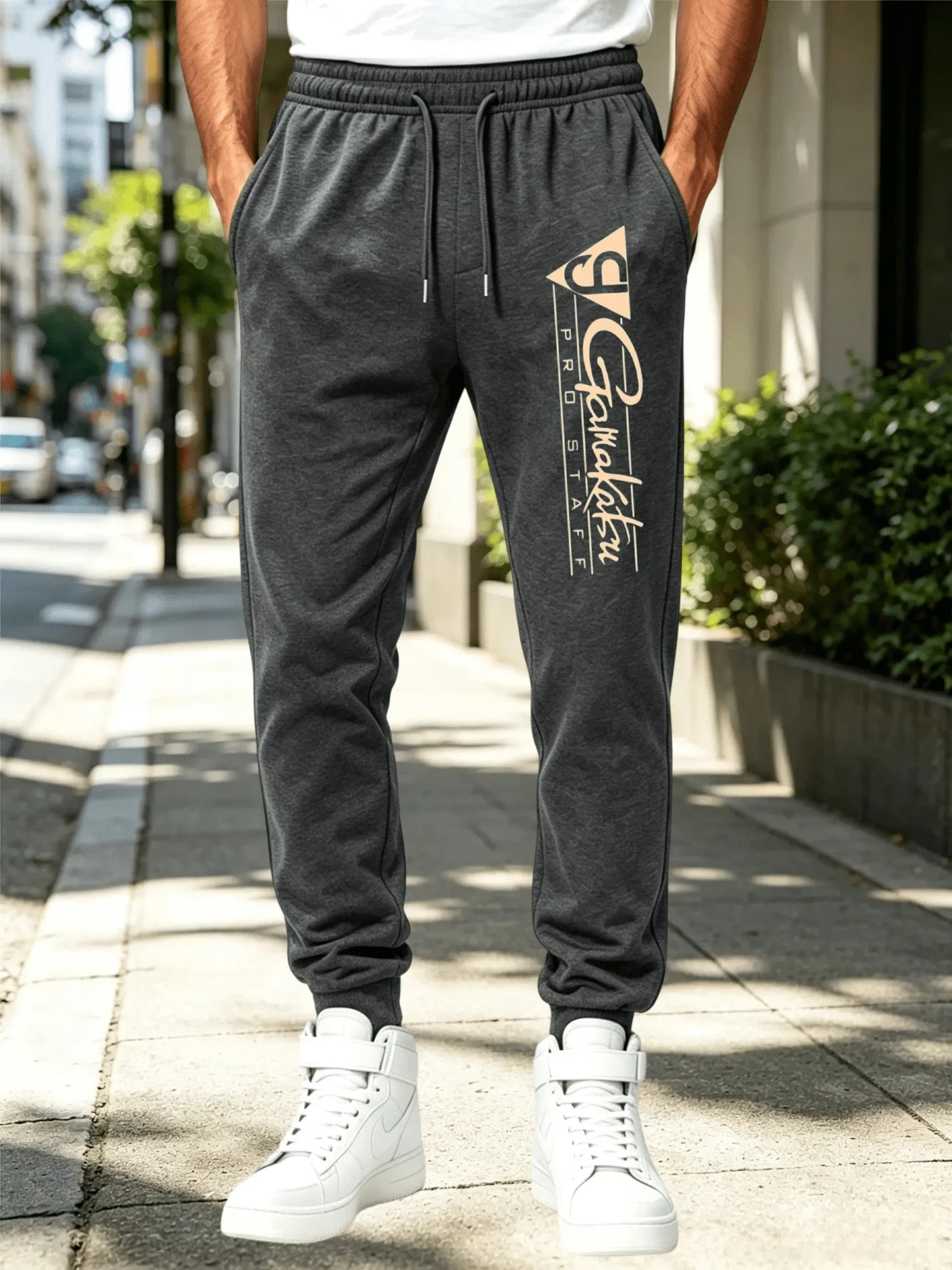 Men's Light Golden Triangle Letter Print Cuffed Joggers Elastic Waist Drawstring Pockets Streetwear Gym Spring Autumn Sweatpants
