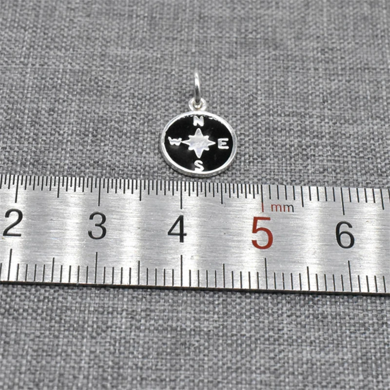 1 Piece Black Enamel Compass Circle Charm in 925 Sterling Silver for Necklace and Bracelet Making