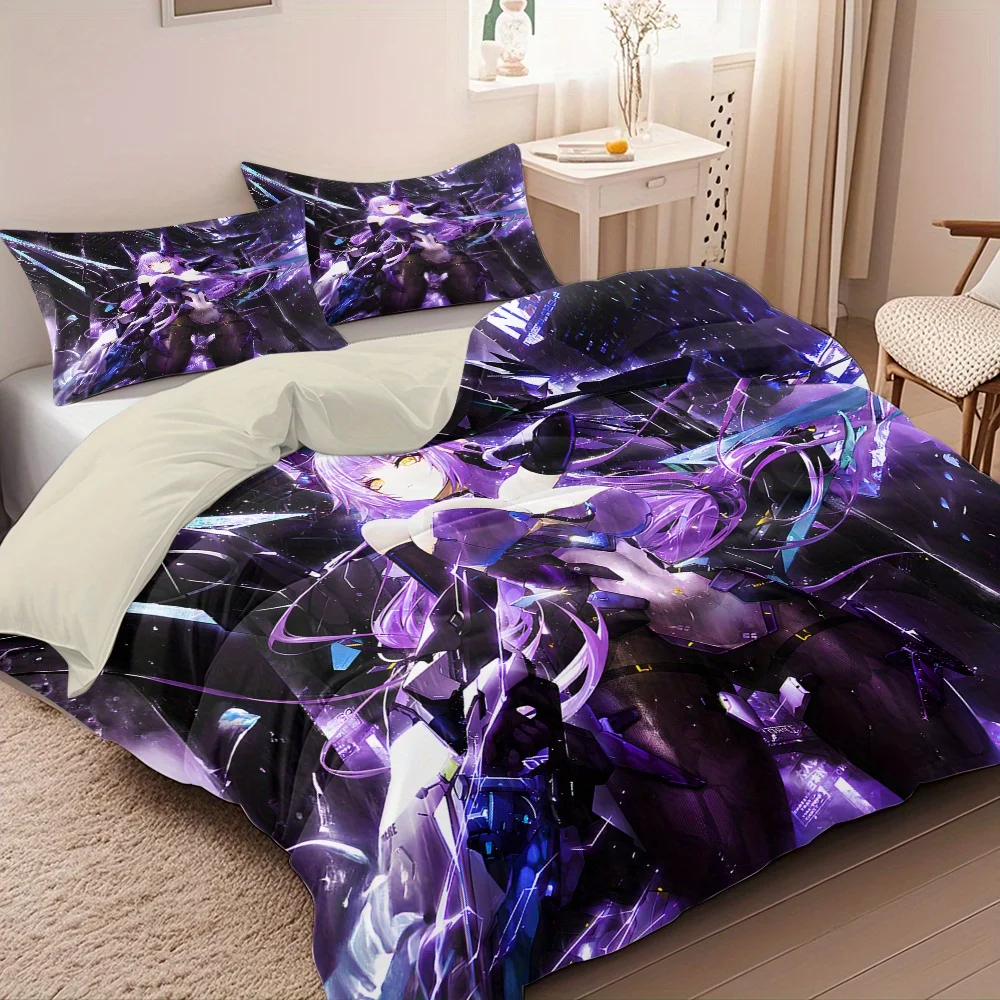 Purple-Haired Girl Duvet Cover Set - Includes 1 Duvet Cover 2 Pillowcases (No Insert) Soft Polyester Fabric, Machine Washable